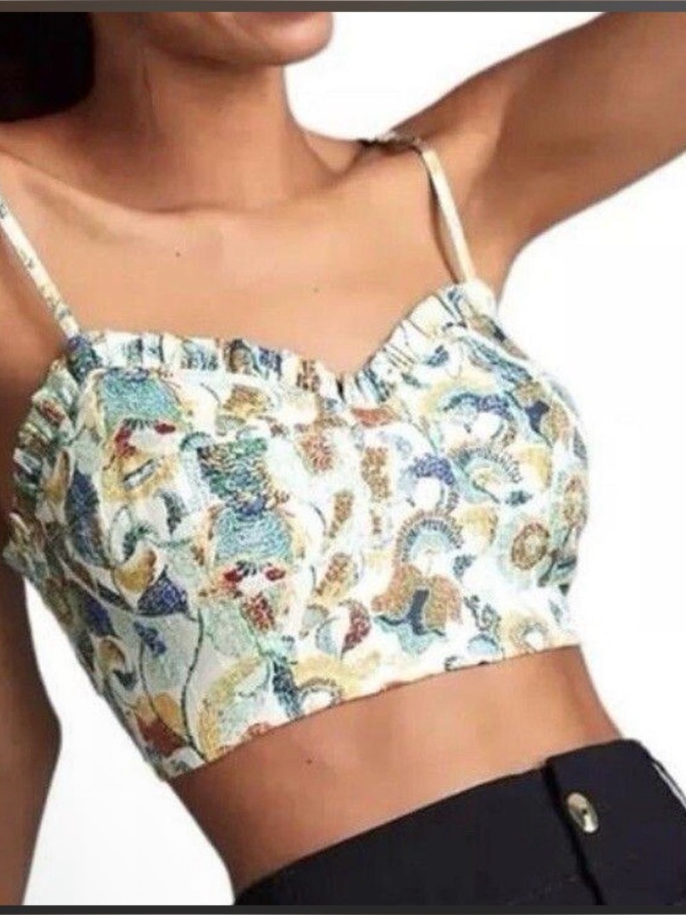 Floral Textured Crop Cami - Green Multi Boho Ruffle Linen Tank